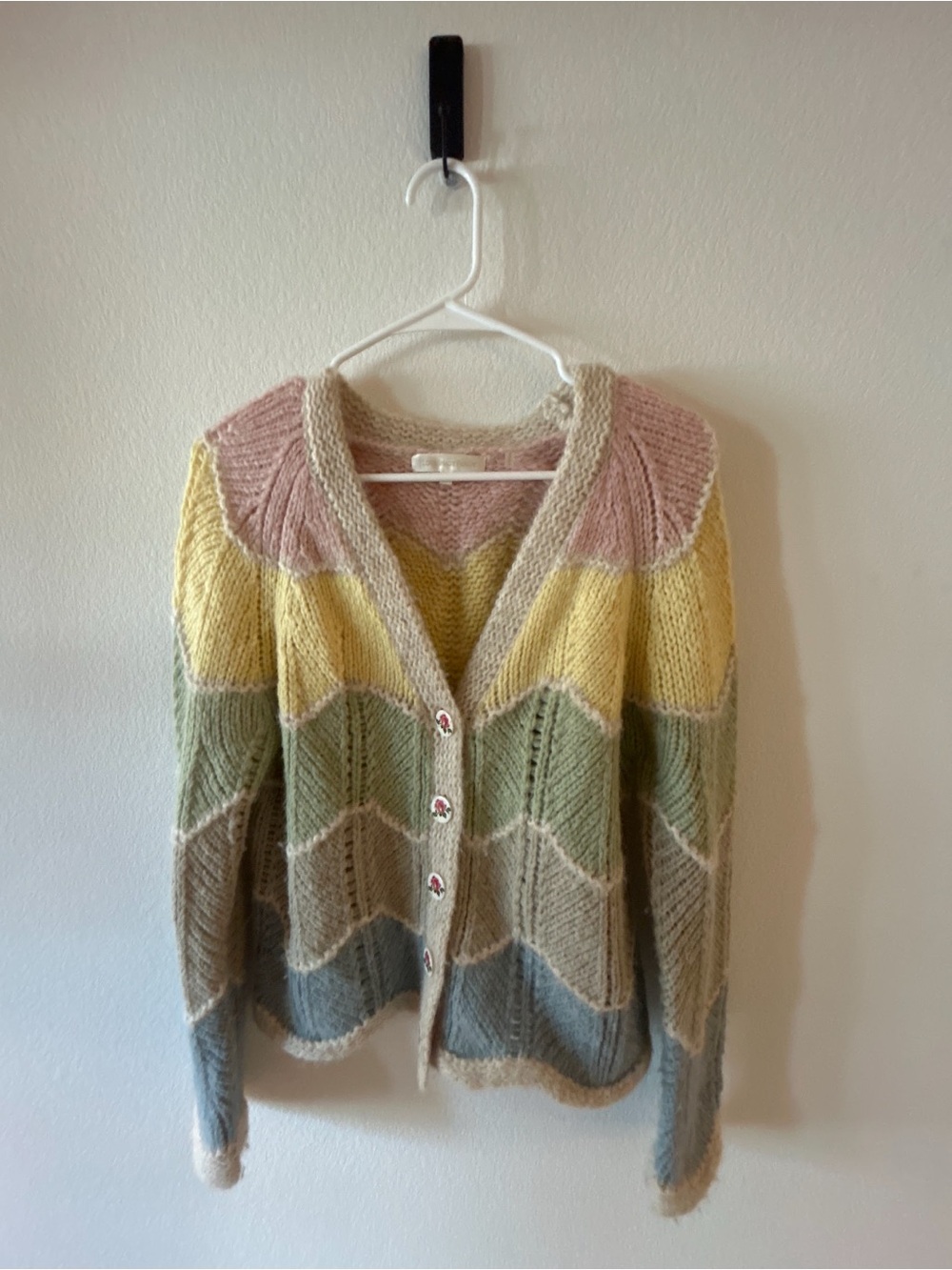 LoveShackFancy Pastel Chevron Knit Cardigan with Flower Buttons